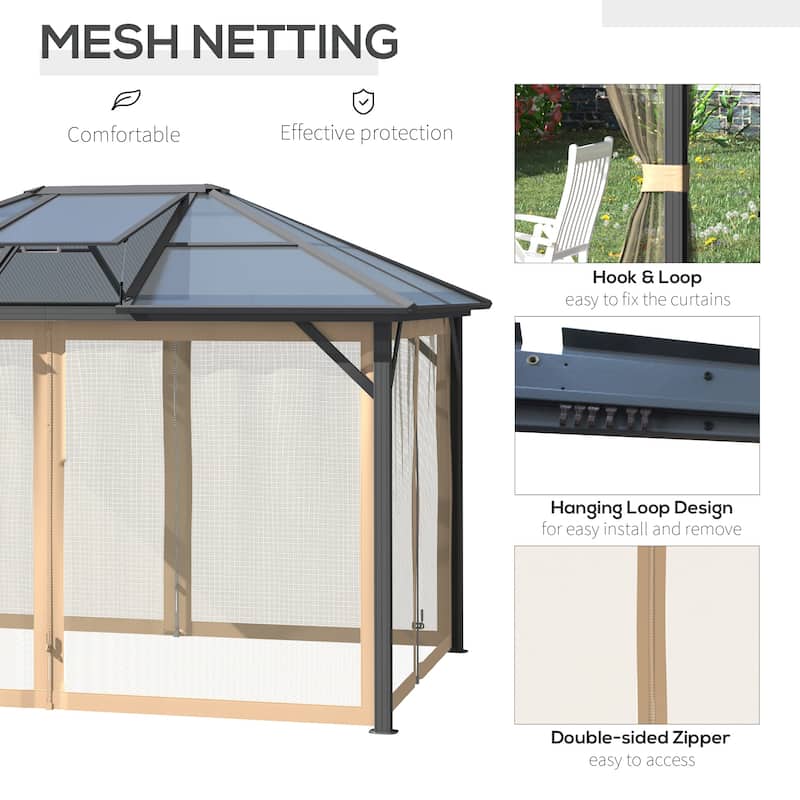 10'x12' Hardtop Gazebo with Polycarbonate Roof, Vent & Aluminum Frame, Includes Netting for Patio & Backyard