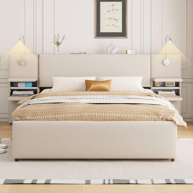 Queen Size Upholstered Platform Bed with Storage Headboard, Reading Lights, Trundle, and Side Racks