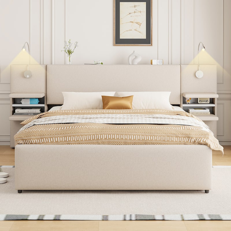 Linen Upholstered Platform Bed, Wingback Storage Headboard with 2 Reading Lights, Wood Panel Bed Frame w/Drawers & Trundle Bed - Beige - Queen