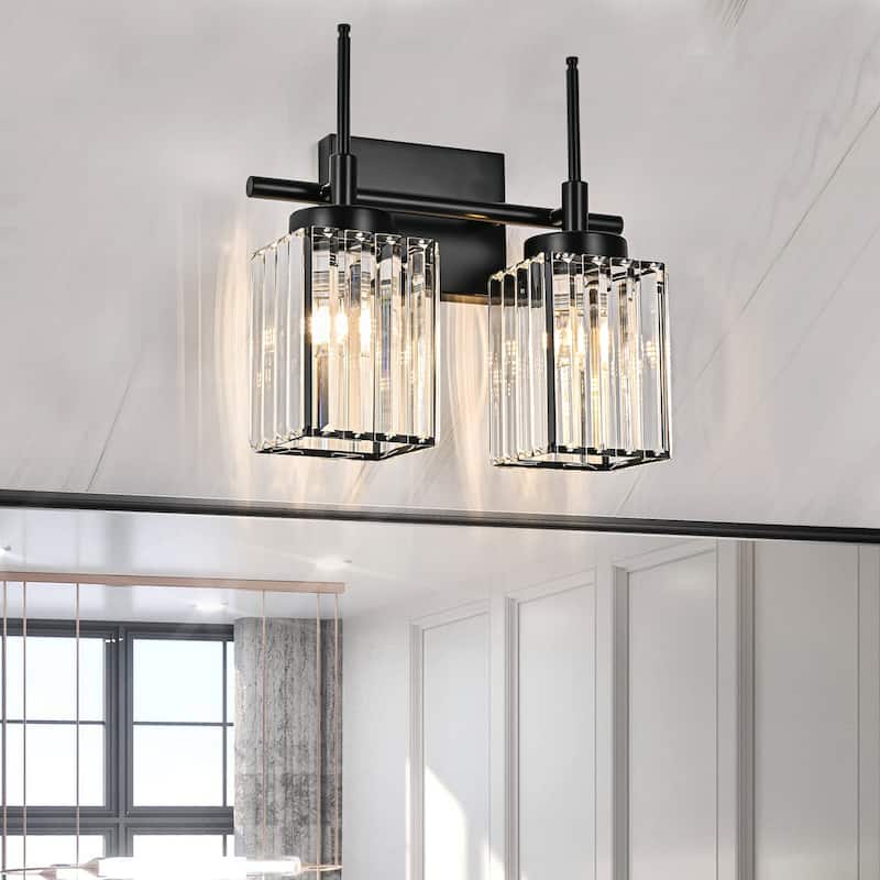 Modern Black 1/2/3/4/5-Light Bathroom Crystal Vanity Light Wall Sconces - Rectangular - 2-Light 12.2 in.W