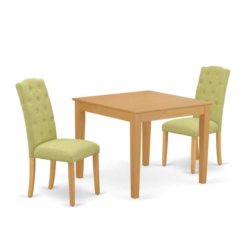 3Pc Dinette Set - Square Kitchen Table & 2 Parson Chairs - Oak Finish, Lime Green Fabric