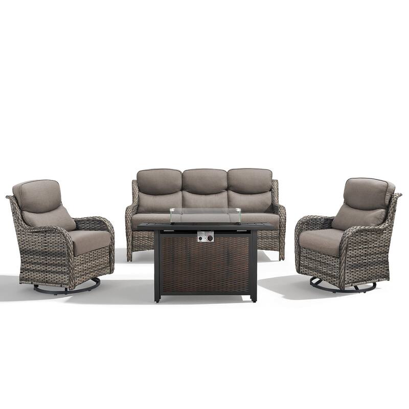 Meyreso 4-Piece Outdoor Patio Metal Fire Pit Wicker Conversation Set with 5-Inch Thick Olefin Cushions