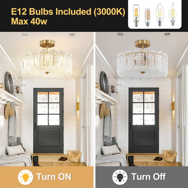 Brass Modern Crystal Semi Flush Mount Ceiling Light for Living Room, Bulbs Included