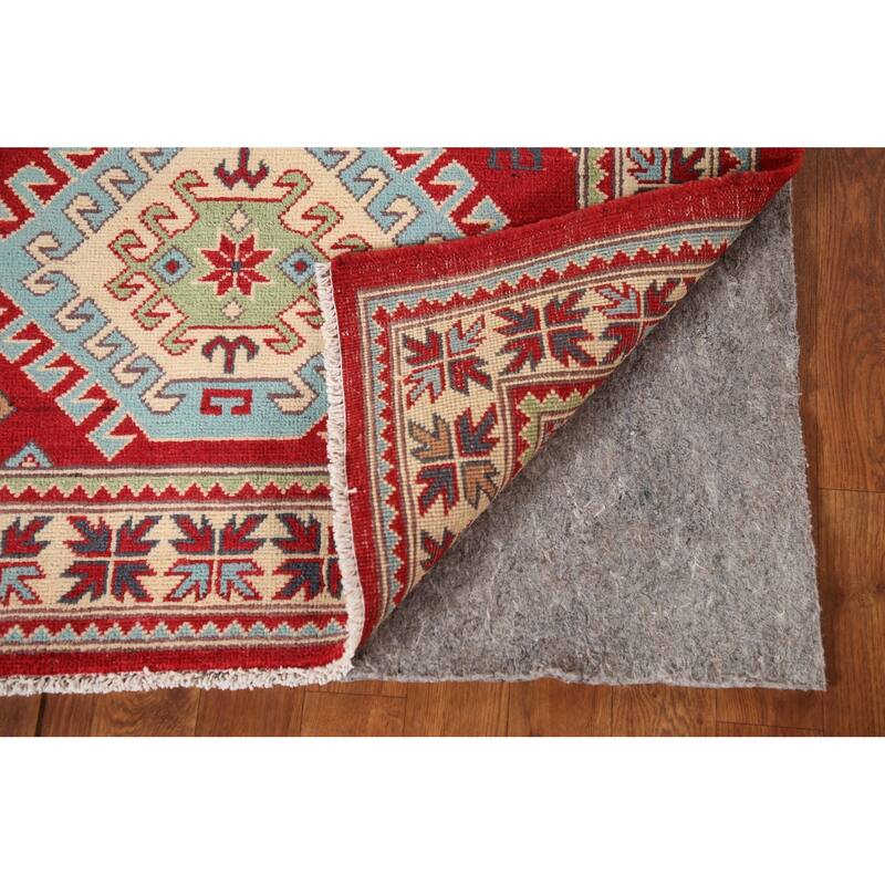 Geometric Red Kazak Rug Hand-Knotted Traditional Bedroom Wool Carpet - 3'4"x 4'10"