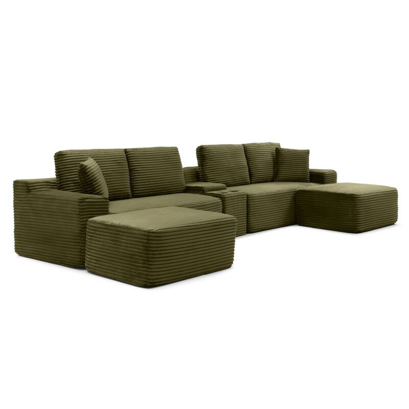 125'' U-Shaped Corduroy Sectional Sofa with Cup Holders, USB Ports and 2 Ottomans