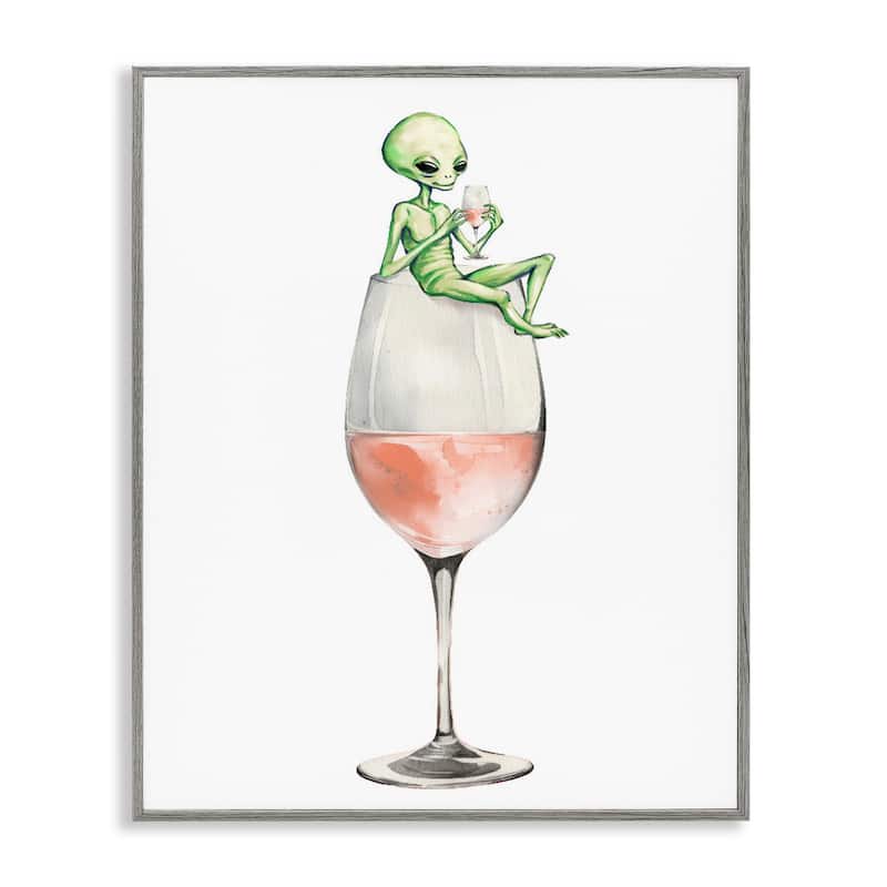 Stupell Lounging Alien on Wine Glass Framed Giclee Art Design By Lil' Rue - 11 x 14 - Grey