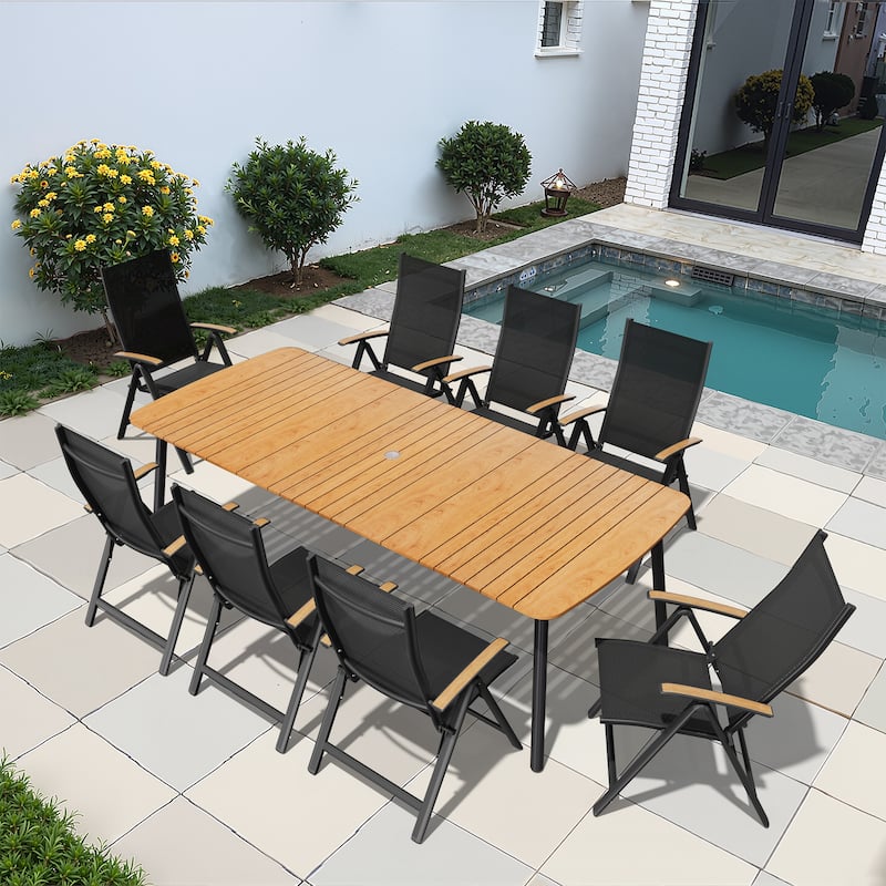 7/9PC Patio Dining Table Rectangular Aluminum Outdoor Table with Folding Chairs - 92.9in-BrownTable-9PC