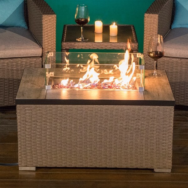 COSIEST Outdoor Rectangle Wicker Propane Fire Pit, Glass Wind Guard