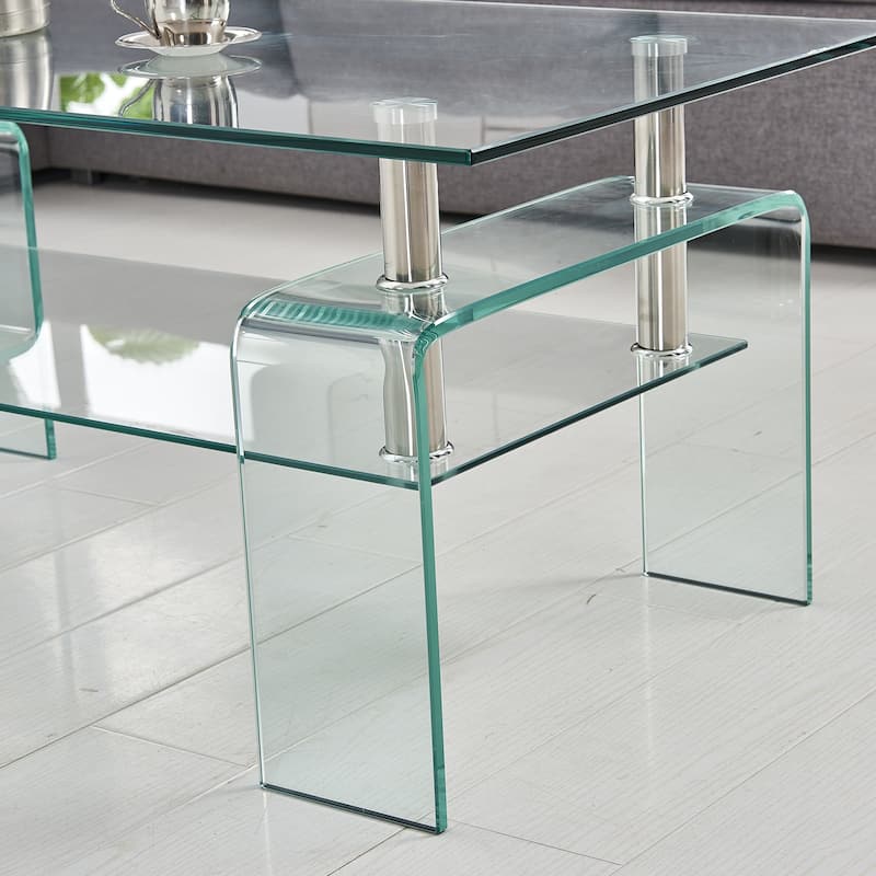 Modern Rectangular Clear Glass Coffee Table with 2-Tier Storage‌