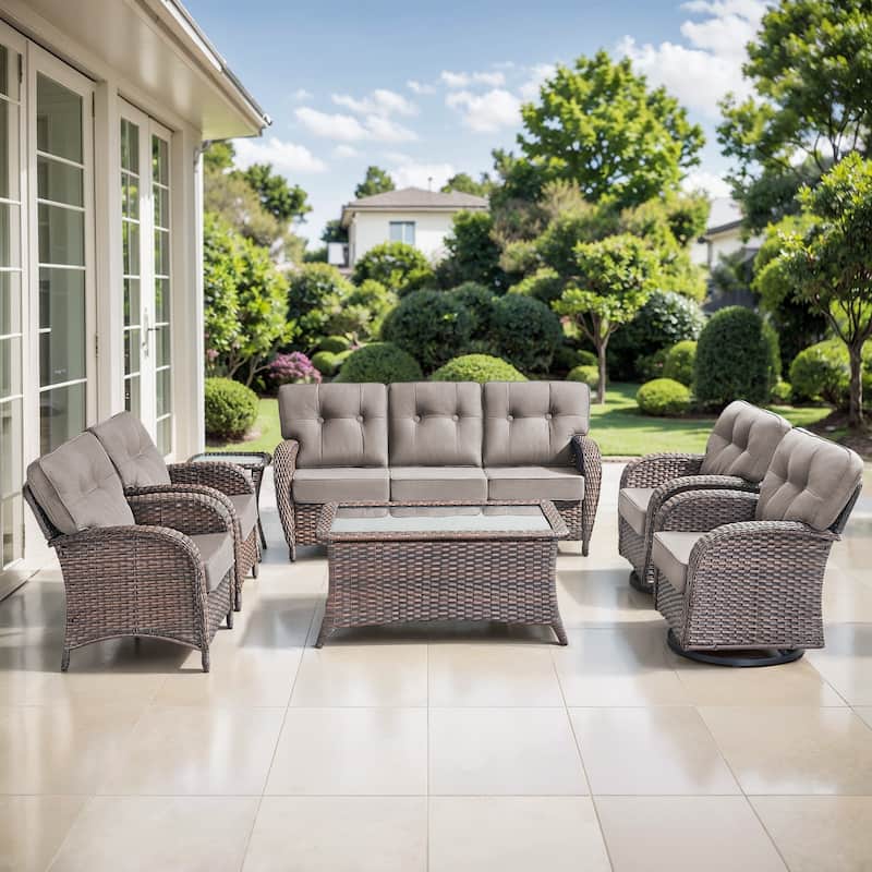 TWrap 7-Piece Patio Brown Wicker Sofa Conversation Set with 5-Inch Thick Cushions - Brown/Gray - 7-Piece