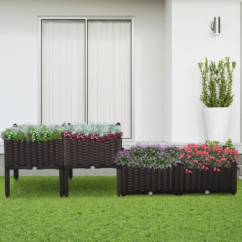 Outsunny 4-Piece Rattan Raised Garden Beds Outdoor Planter Boxes with Different Stacking Arrangements, Self-Watering Design