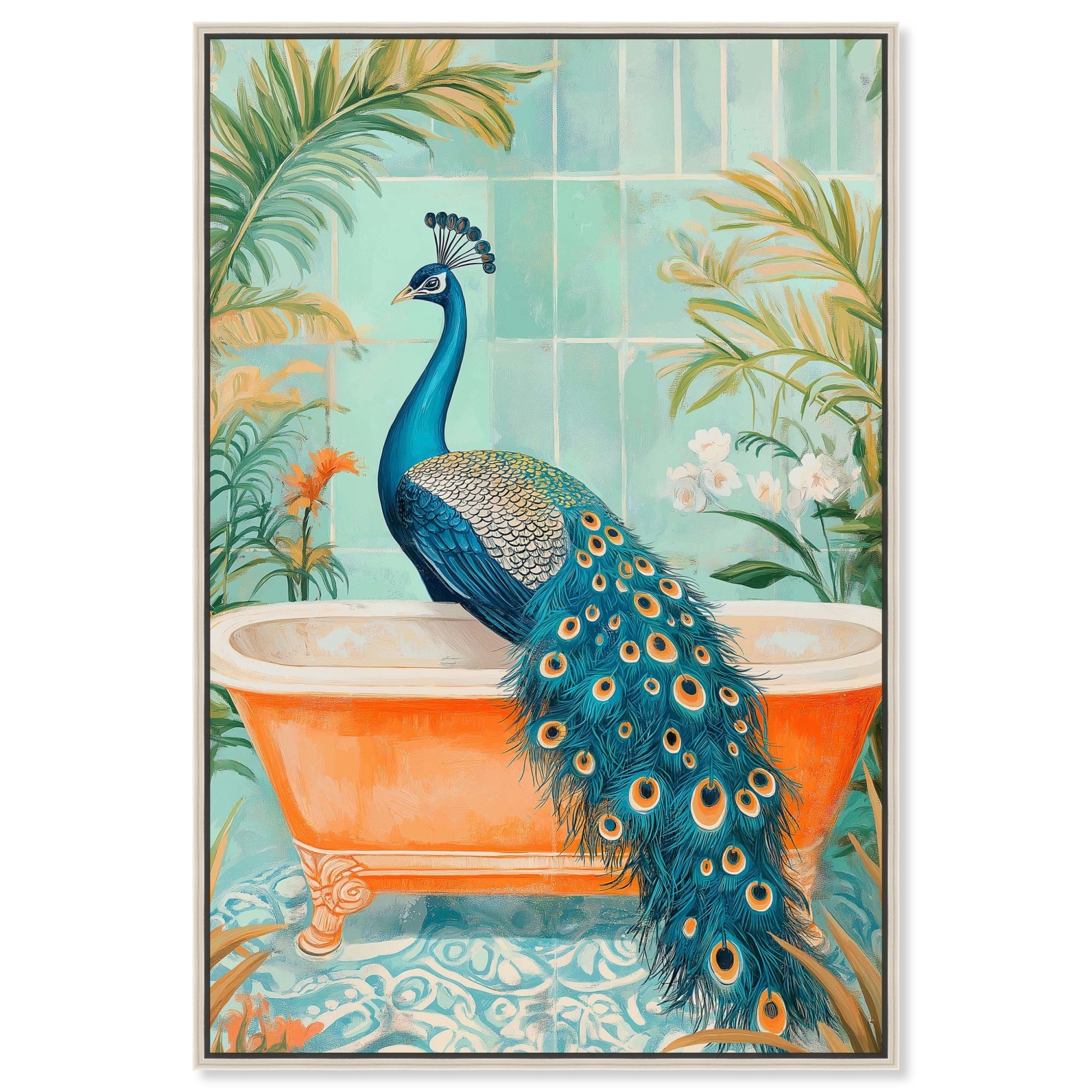 Elegant Peacock Bath Canvas Jungle Bathroom Art by Art Remedy