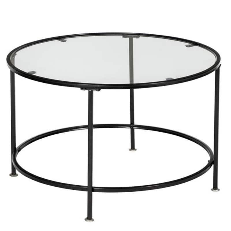2 Layers 5mm Thick Tempered Glass Countertops Round Wrought Iron Coffee Table - Black - 25.98"L x 25.98"W x 16.53"H