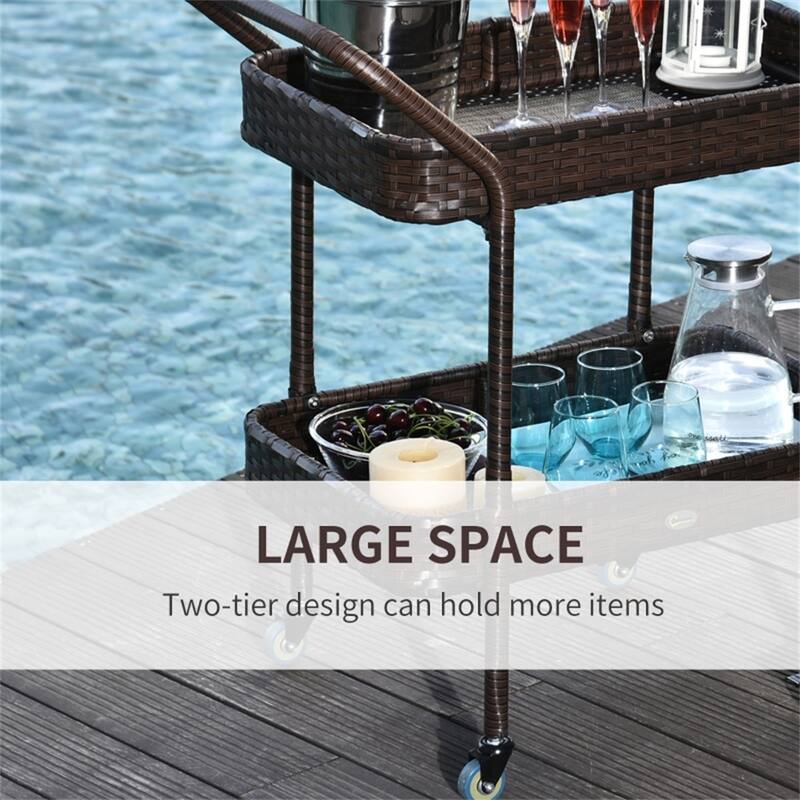 Compact Outdoor Rattan Serving Cart with 2 Tray Shelves Rolling Beverage & Snack Trolley - 32.25" L x 17.75" W x 32.25" H