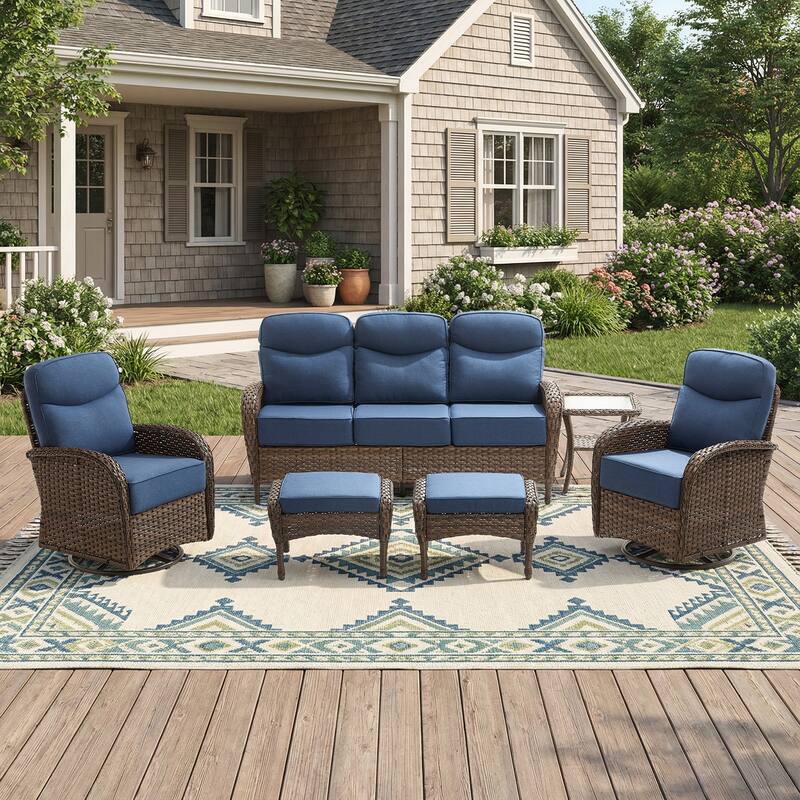 Pocassy Outdoor Sofa Swivel Chair and Ottman with Fire Pit Table - Brown Wicker Blue Cushion - 6-Piece Sofa Swivel Chiar with Ottoman