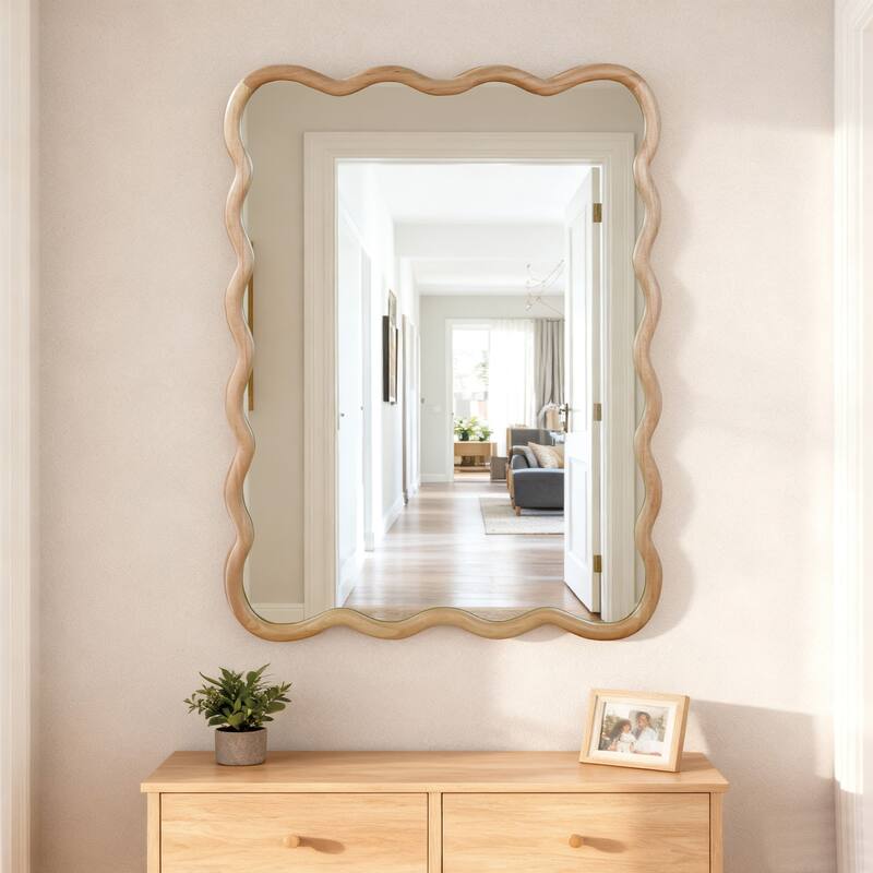 Wavy Rectangle Solid Wood Frame Decorative Mirror Modern Farmhouse Wall Mirror For Bedroom Bathroom Living Room Entryway