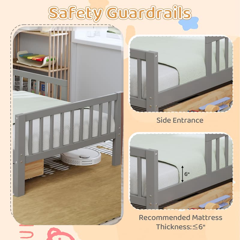 Twin Size Bed with Headboard Storage, Under-Bed Drawers & Safety Guardrails,Gray