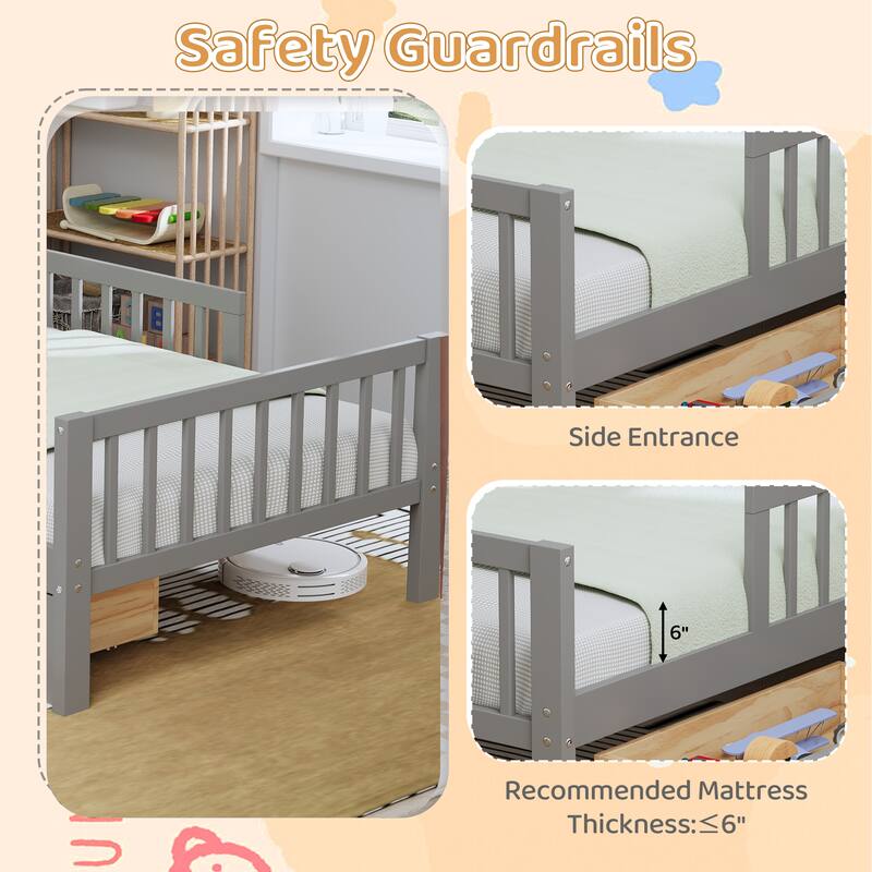 Twin Wood Storage Bed with 3-Side Guardrails, Underbed Drawers & Headboard Storage