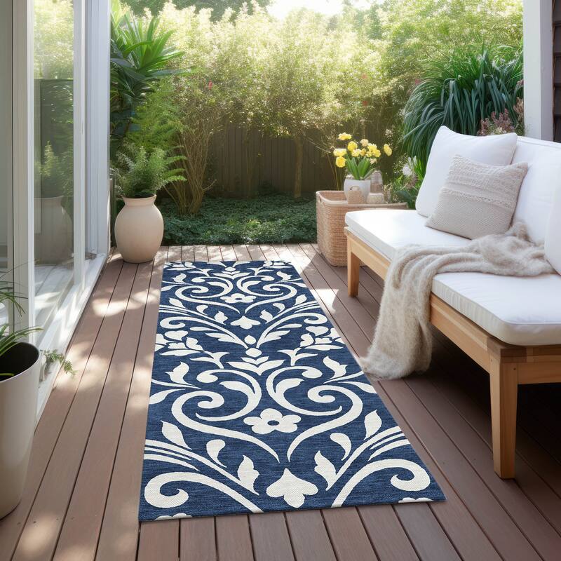 Machine Washable Indoor/ Outdoor Chantille Traditional Elegant Rug - Navy - 2'3" x 7'6"