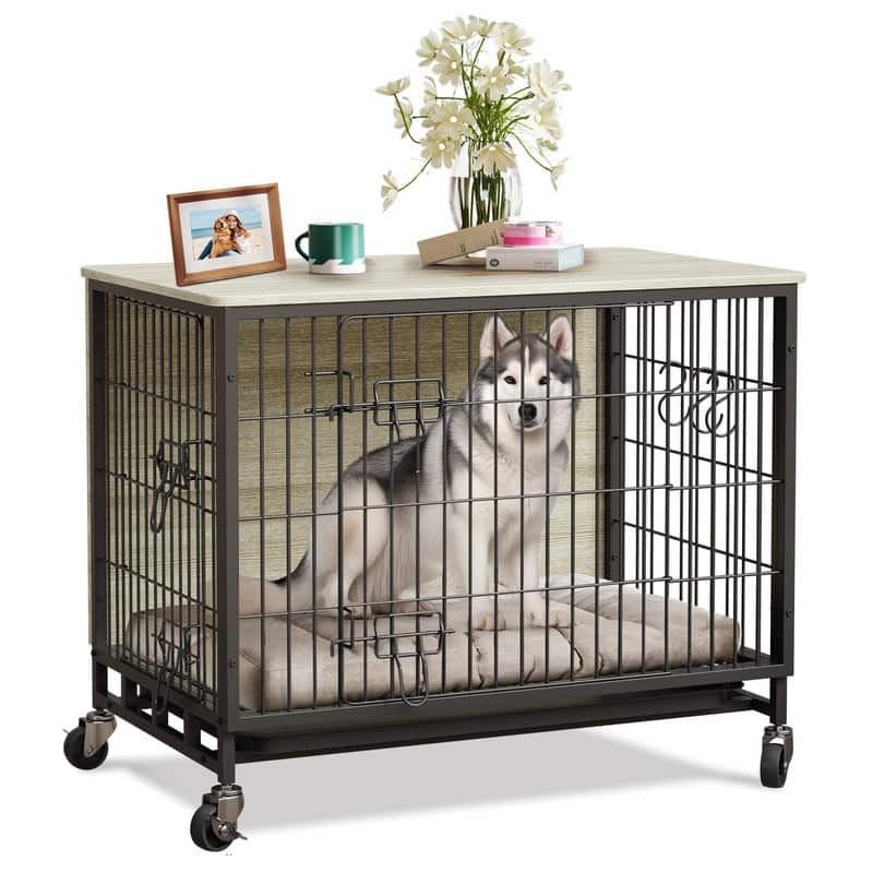 Dogs Kennel Crate Furniture with Removable Tray and Wheels - Grey - Large (50-95lbs)