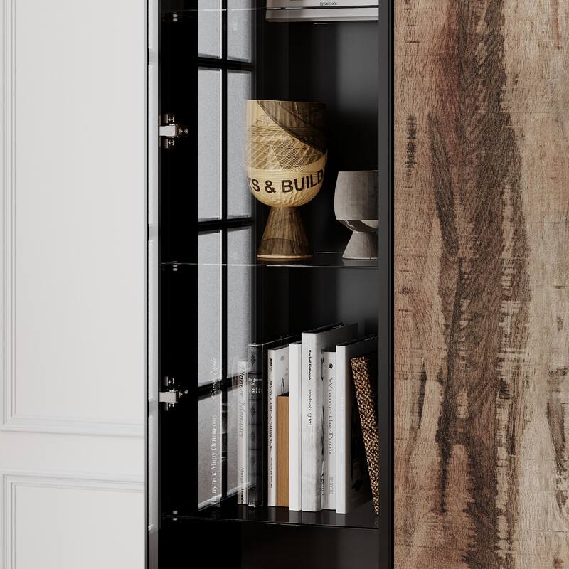 Glass Display Cabinet with LED Spotlight and Wood Grain Door Tall Aluminum Frame Curio Cabinet