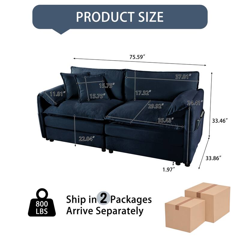 Elegant Loveseat Sofa 2-Seater Small Sofa Couch with Pillows, Deep Seat Love Seat with Storage Pockets for Living Room