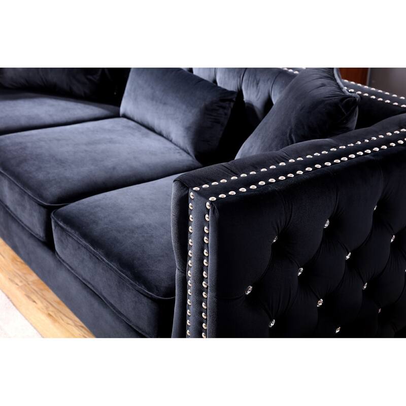 Tufted Faux Diamond Button Velvet 3-Seater Sofa with Throw Pillows - 86" - Black
