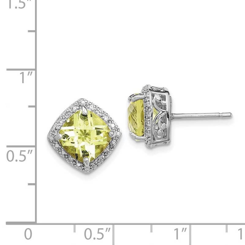 Curata 925 Sterling Silver Polished Post Earrings Lemon Quartz and Diamond Earrings - 13x13mm Wide
