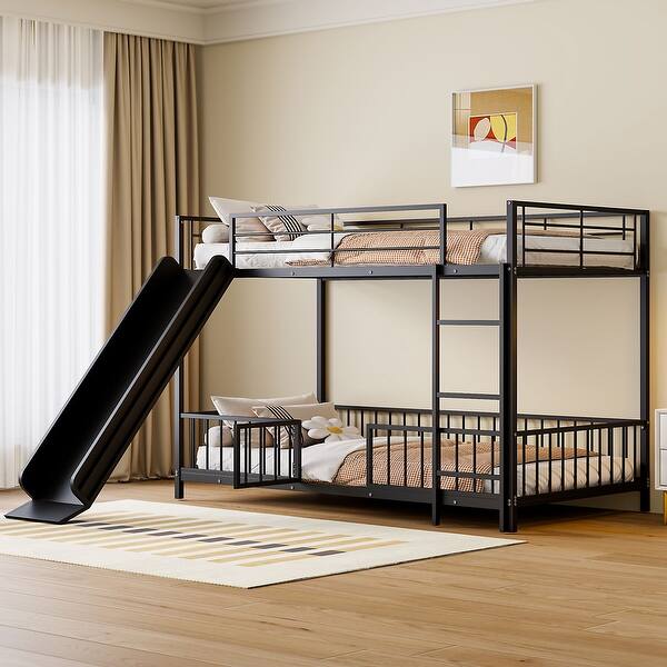 slide 2 of 20, Twin over Twin Bunk Bed Frame with Convertible Slide and Ladder, Metal Bunk Bed with Guardrails for Kids, Teens Black - Twin