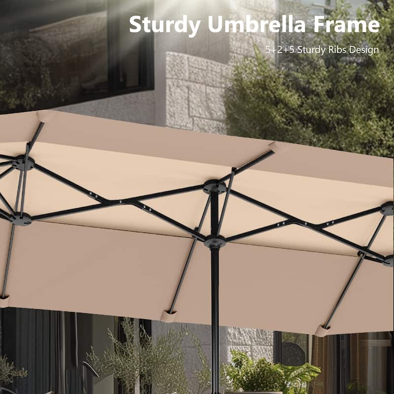 MAISON ARTS 13ft Double-Sided Outdoor Umbrella, 2-Tier Vented Market Umbrella with Colored Lights and Base