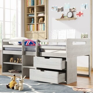 Twin Loft Bed with Two Shelves and Dual Storage Drawers