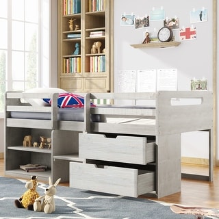 Twin Size Loft Wood Bed with Two Shelves and Storage Drawers