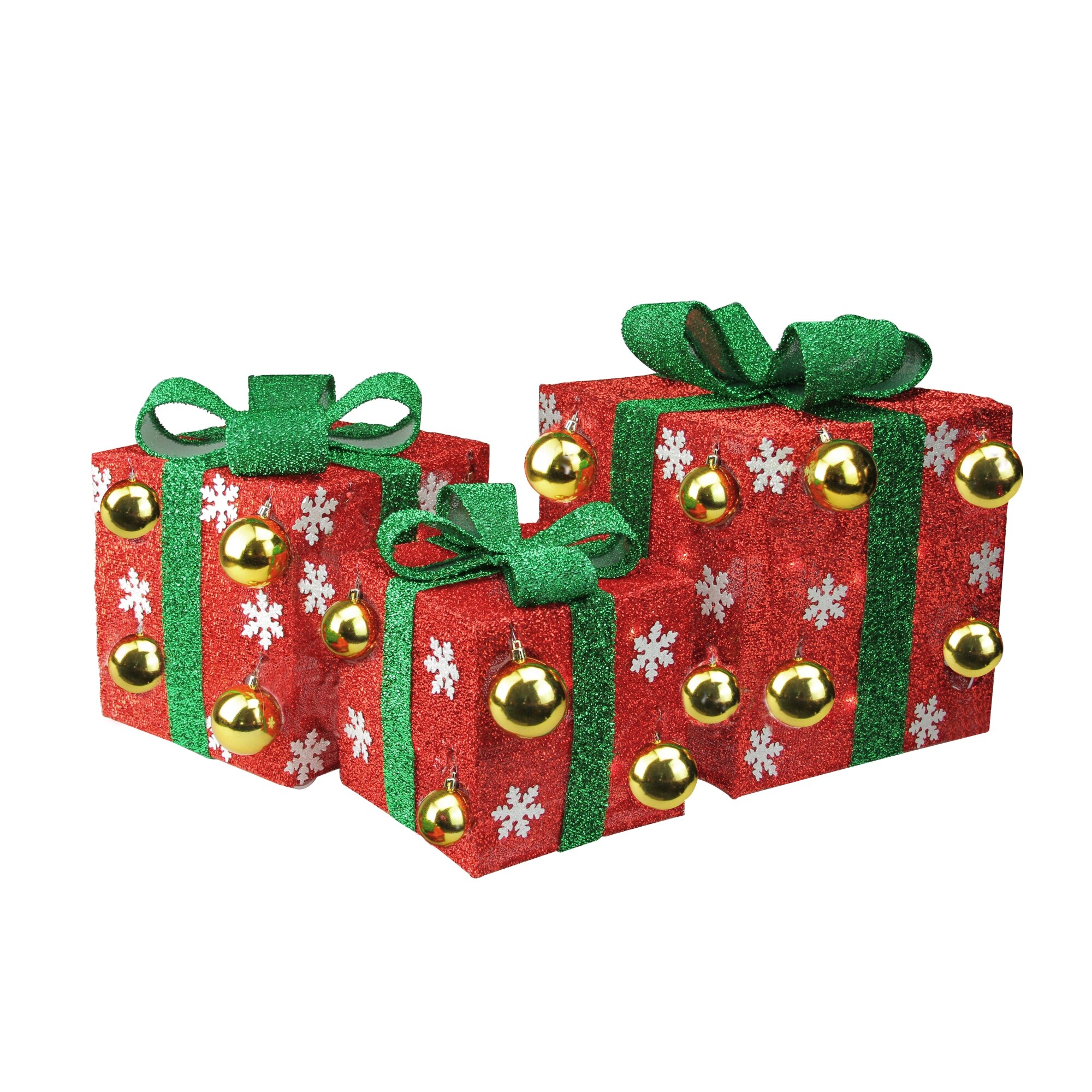 Shop Set of 3 Lighted Red Tinsel Gift Boxes with Green Bows Christmas ...