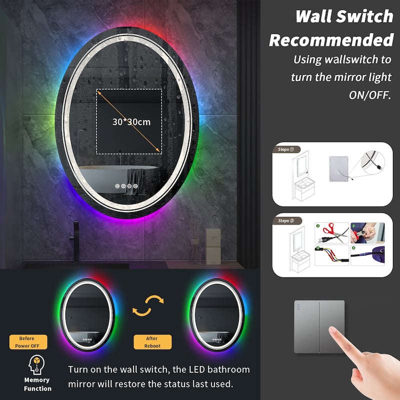 32"x24" Oval LED Bathroom Mirror with RGB Backlit Front Light Anti-fog