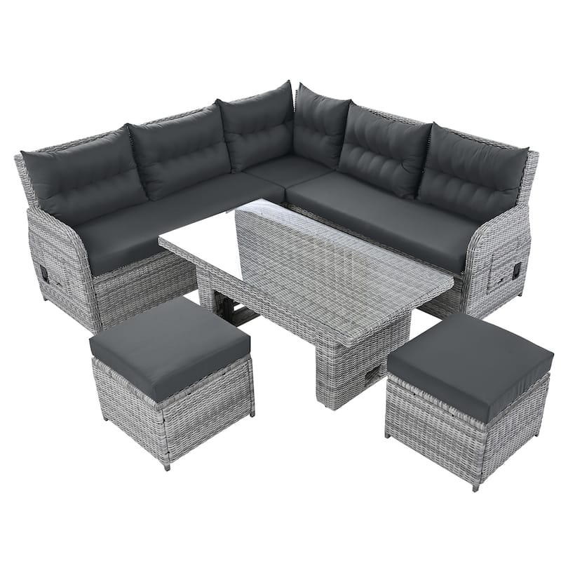 Outdoor Furniture Set Patio Rattan Furniture Set with an Adjustable Table, Recliners with Extendable Side Tables