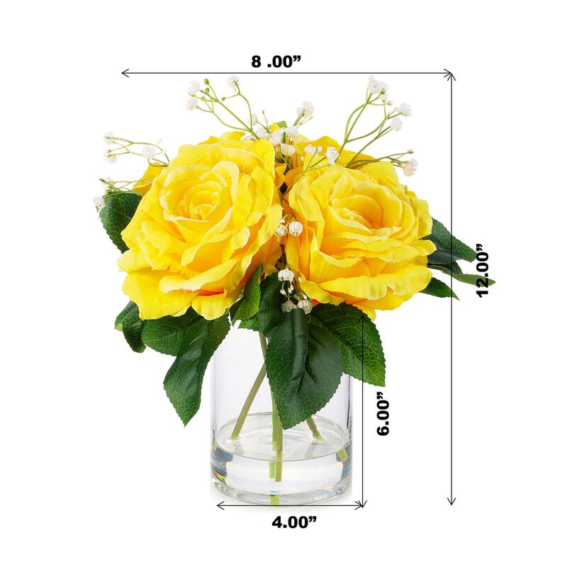 Enova Home 4 Large Silk Rose Flowers in Clear Glass Vase with Faux Water for Home Office Decoration