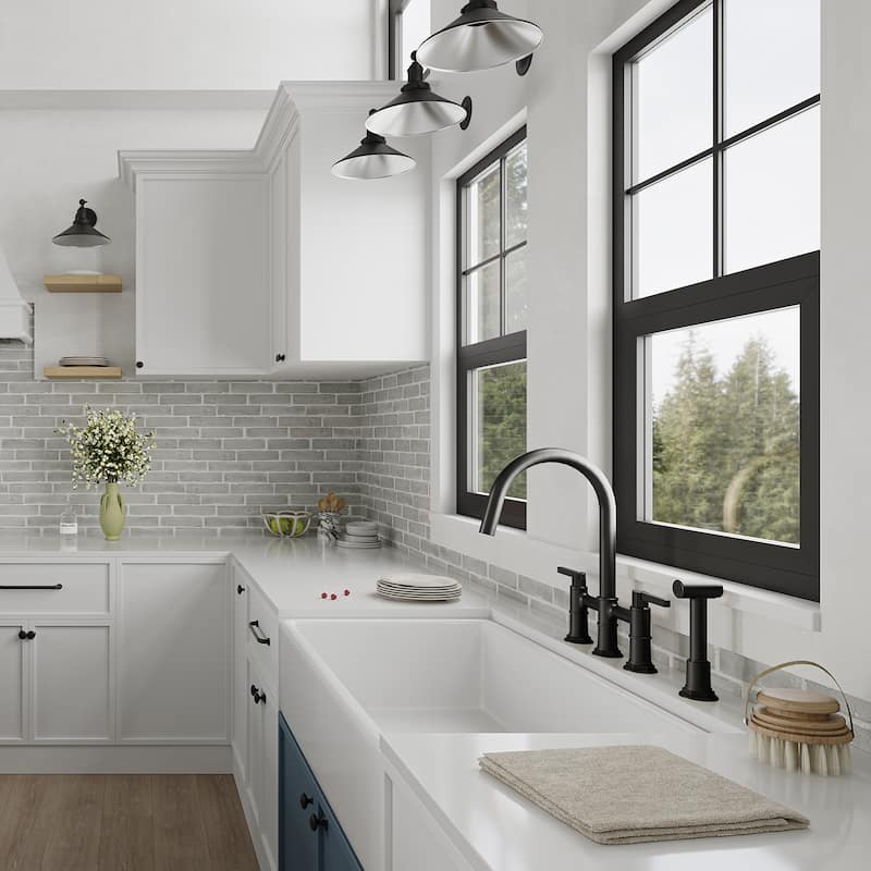 Modern Double Handle 4-Holes Deck Mount Bridge Kitchen Faucet in Black