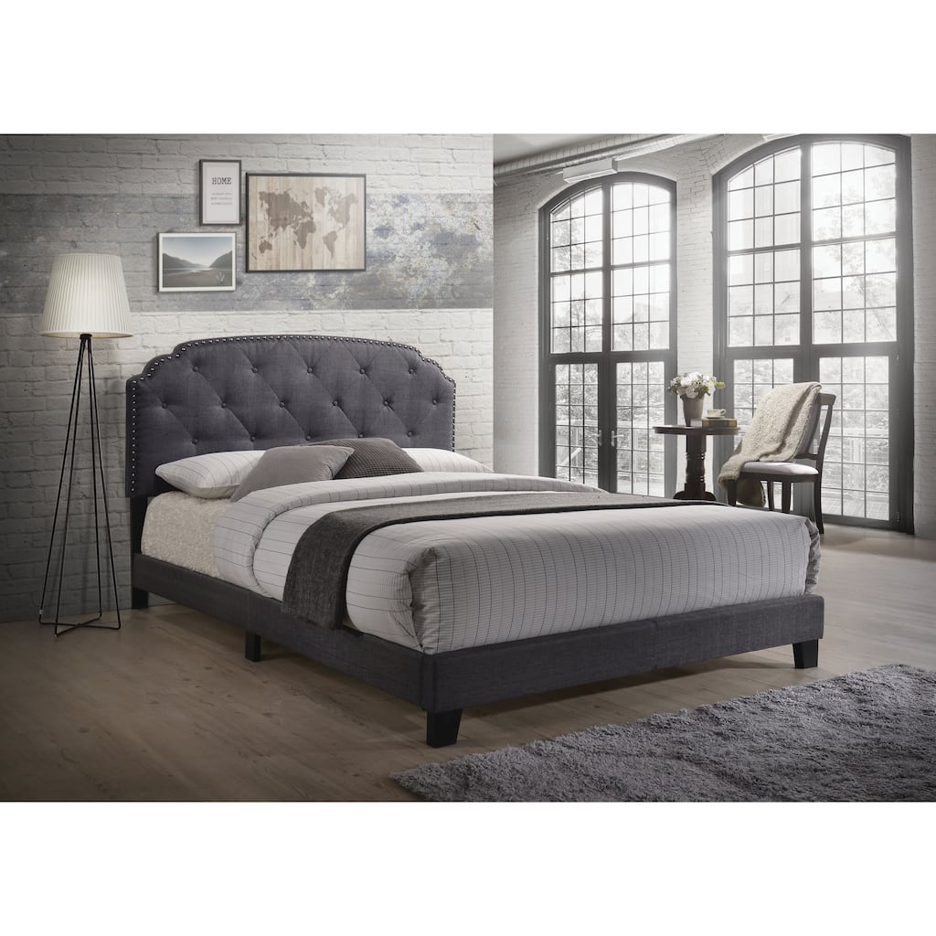 Queen Size Gray Fabric Bed with Arched Headboard and Low-Profile Footboard