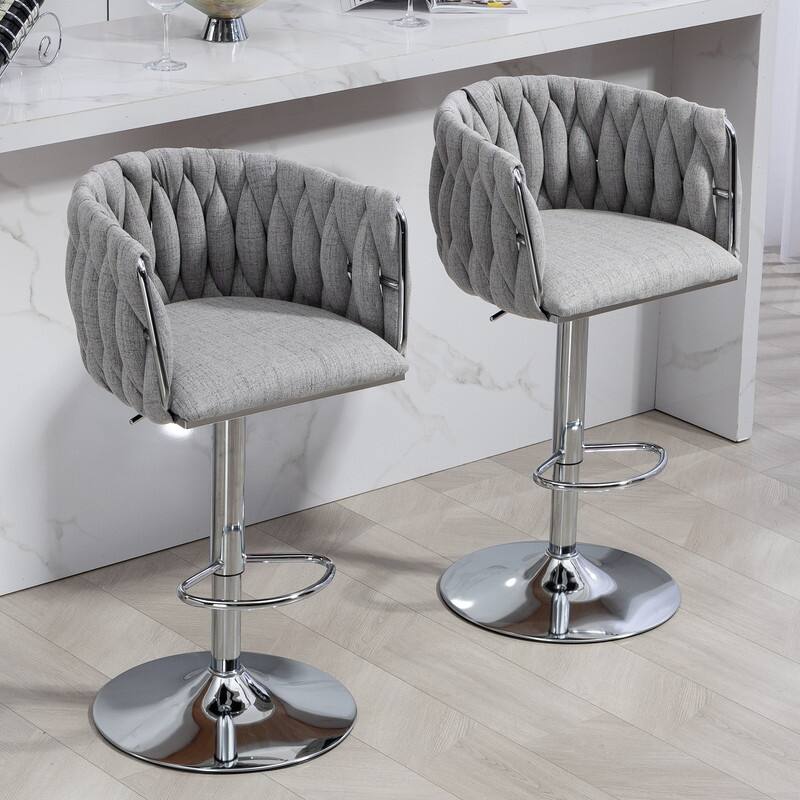 360°Velvet Swivel Bar Stools with Woven Back & Footrest,2PCS - Grey