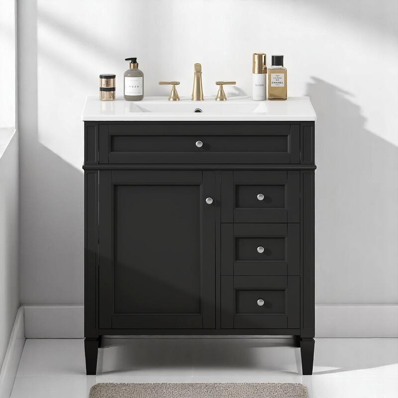 30 Inch Bathroom Vanity with Ceramic Top, 2 Storage Drawers, Tip-Out Tray, Solid Wood Frame Cabinet - Black