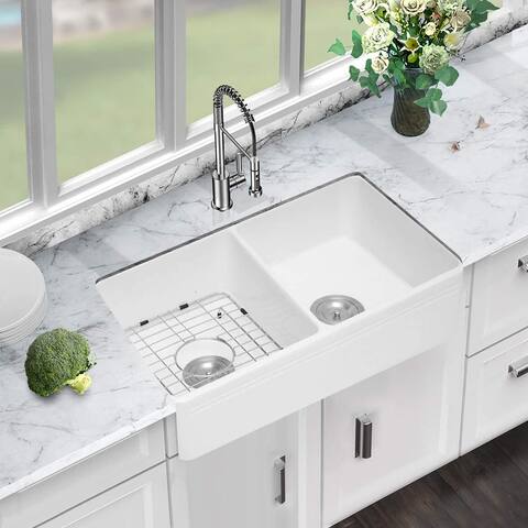 Ceramic Double Bowl Farmhouse Kitchen Sink with Sink Grid and Basket Strainer
