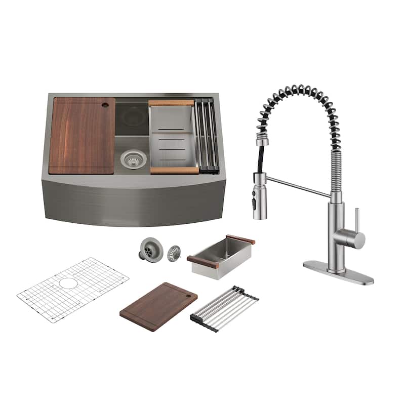 Farmhouse/Apron-Front Single Bowl 16 Gauge Stainless Steel Workstation Kitchen Sink with Accessories and Pull Down Faucet Sets - Sink + Brushed Nickel Pull Down Kitchen Faucet