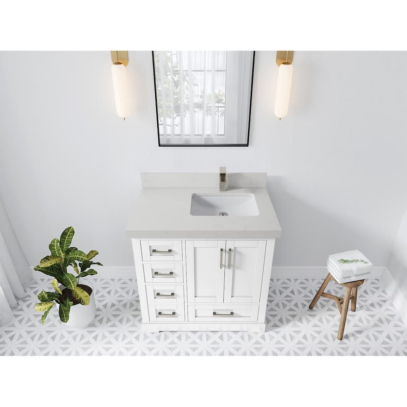 Willow Collections 36 x 22 Boston Right Offset Sink Bathroom Vanity with Quartz or Marble Countertop - 2"Carrara Quartz - White