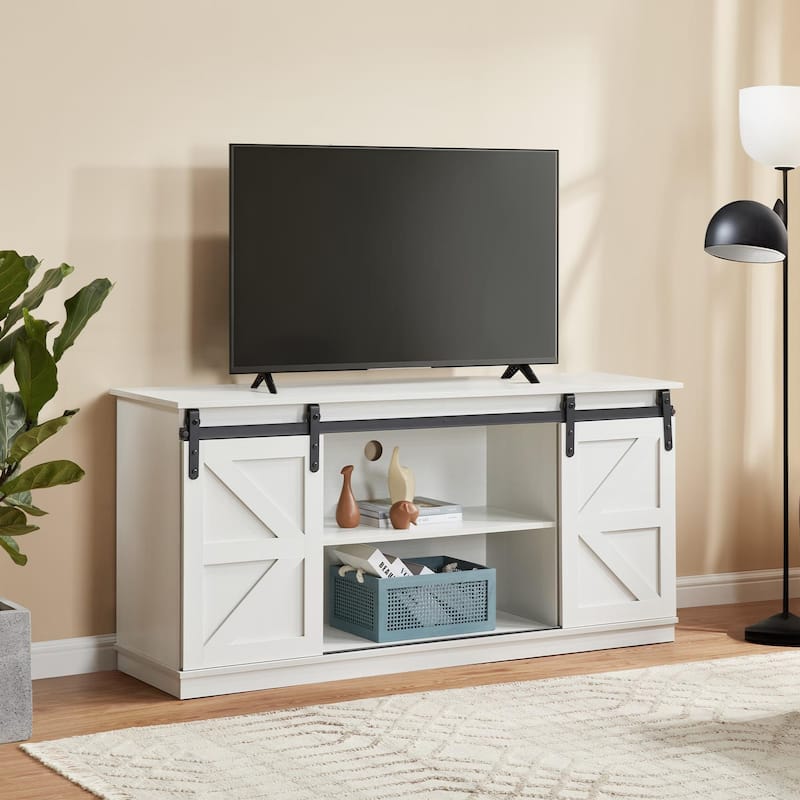 Homy Casa 58'' Farmhouse TV Stand. Sliding Barn Doors, Storage Cabinet
