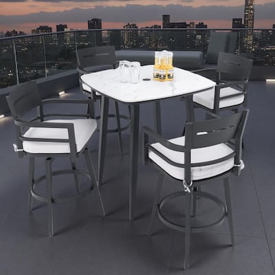 5-Piece Outdoor Patio Aluminum Bar Set with Marble-pattern Tabletop, 4 Swivel Bar Chairs, and Umbrella Hole