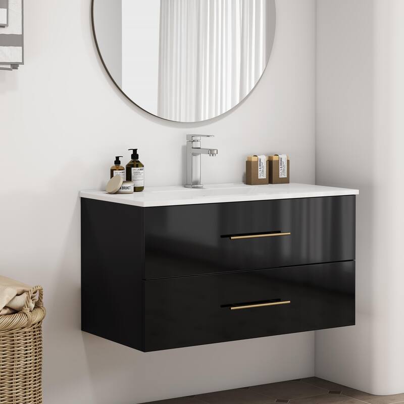 36-Inch Gloss Wall-Mounted Bathroom Vanity with Sink Combo,Double Drawers,Ceramic Sink, Long Gold Metal Handle