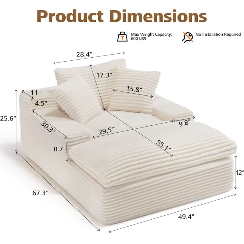 67" Upholstered Chaise Lounge Chair Sleeper Sofa Bed with Pillows, No Assembly Required