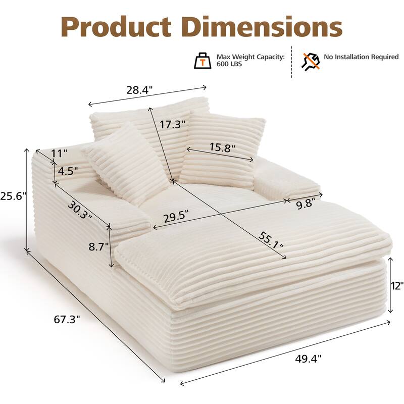 67" Upholstered Full Foam Chaise Lounge Chair Convertible Sofa Bed with Pillows, No Assembly Required