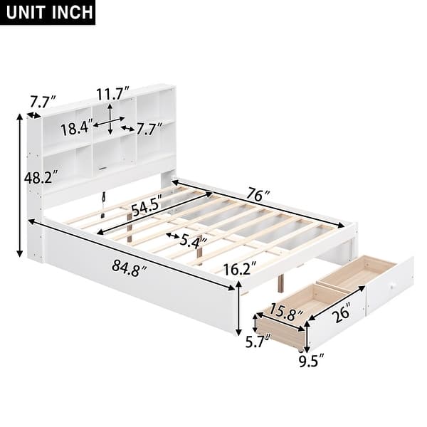 dimension image slide 0 of 2, Full Size Platform Bed with Storage Headboard, Charging Station, 2-Drawers, Solid Pine Wood Bed Frame, Easy Assembly, Grey