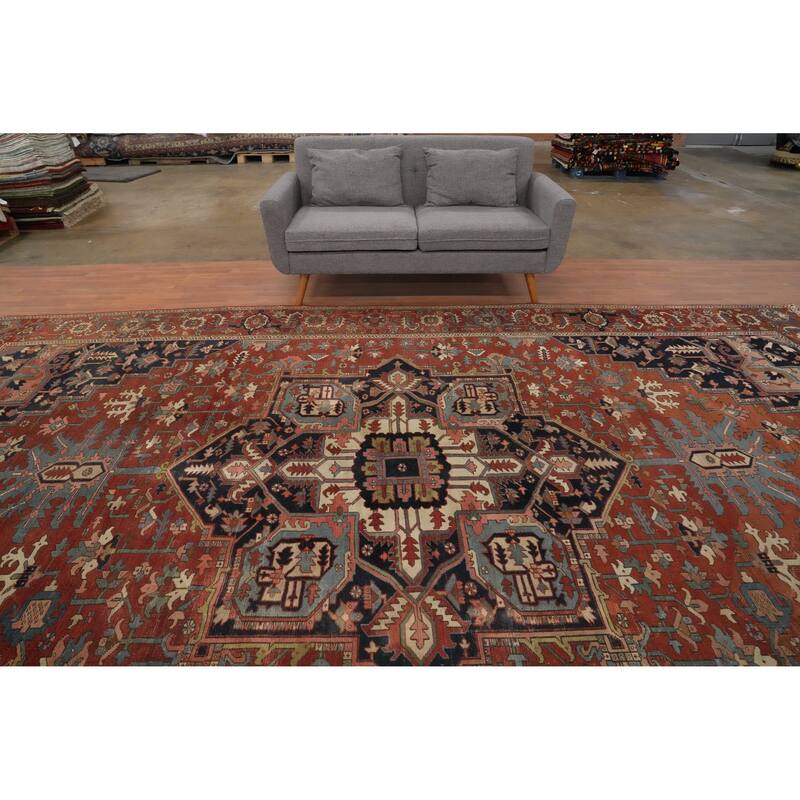 Hand Knotted Oriental 100% Wool Carpet Traditional Medallion Oranges & Rust Heriz (serapi) Area Rug - 15' 5'' X 9' 6''